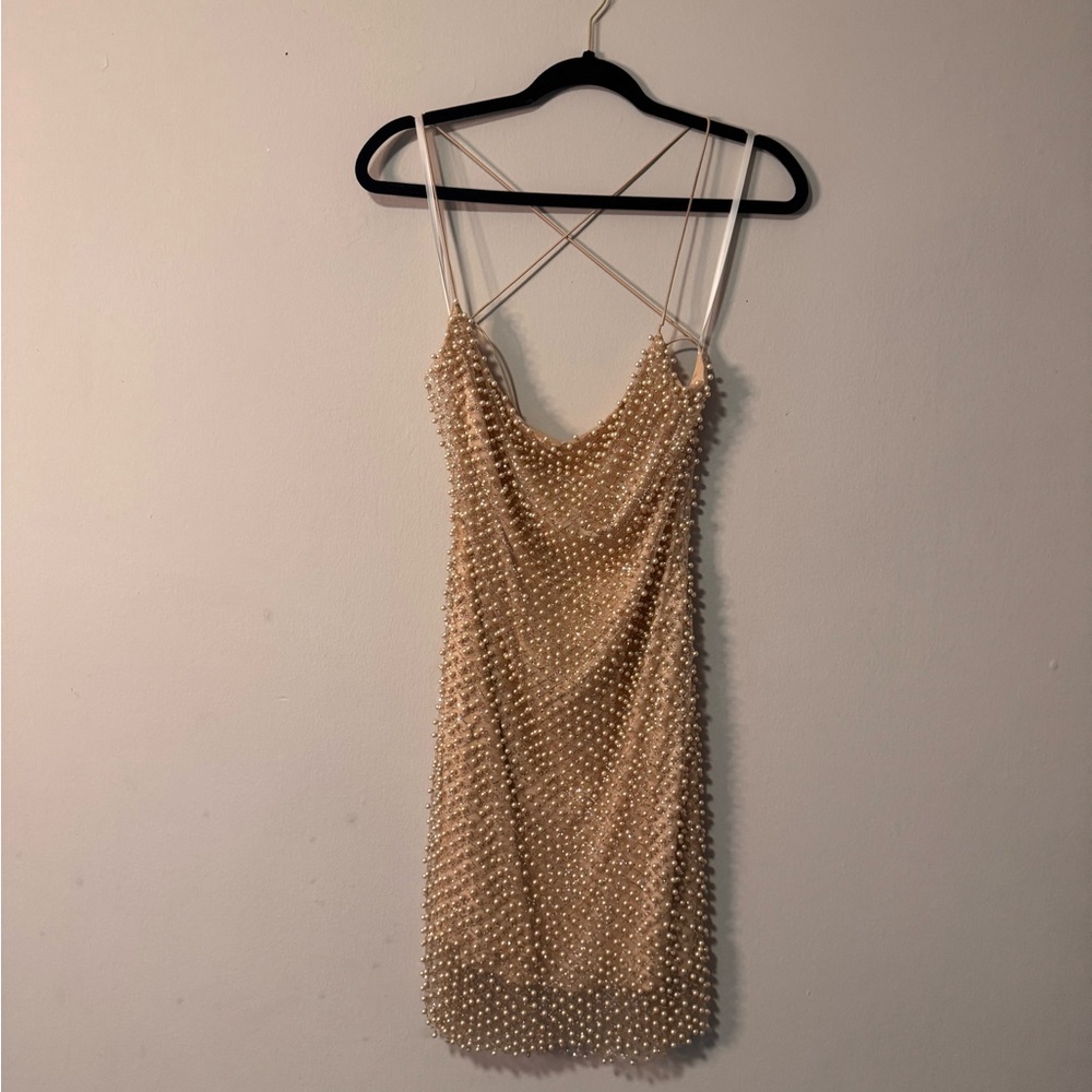 Chic Pearl Embellished Beige Dress